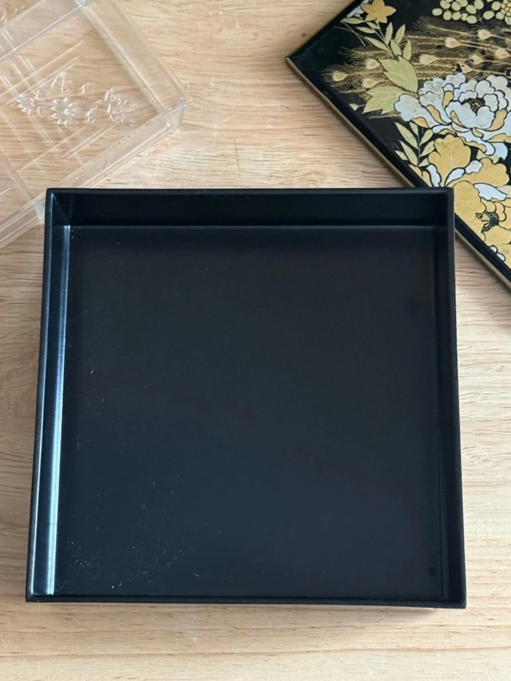 Vintage Otagiri Japan Black Lacquer Peacock Trinket Box with Etched Clear Tray